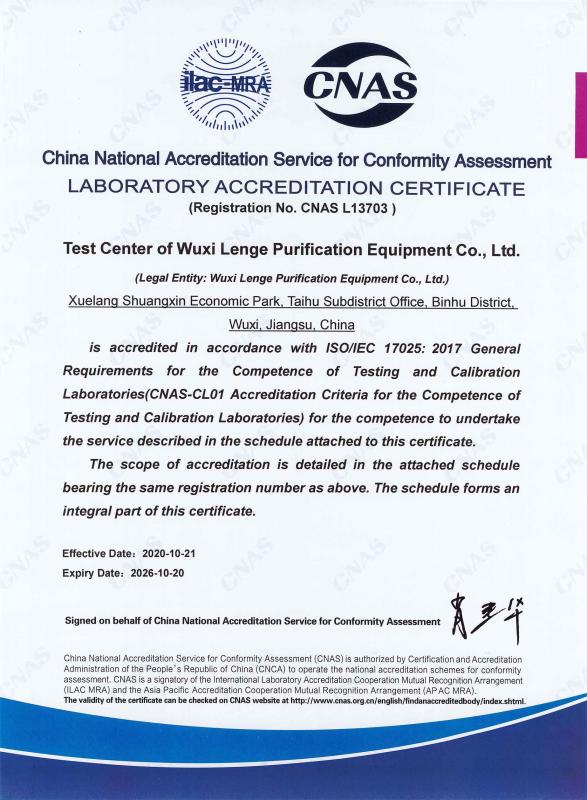 LABORATORY ACCREDITATION CERTIFICATE - Wuxi Lenge Purification Equipments Co., Ltd.
