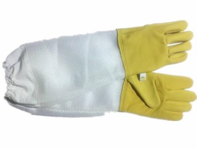 China Durable Yellow Sheepskin Beekeeping gloves with white soft ventilated part, white elastic cuff for sale