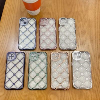 China 3D Rhombic Texture Electroplated Iphone Cover Grid Transparent TPU Cell Phone Case for sale