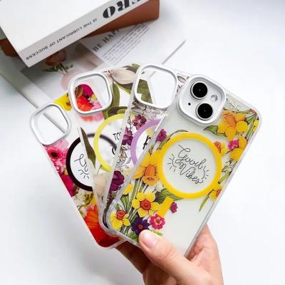 China Magnetic Wireless Charging Phone Case Custom Flower Pattern Hard Transparent for sale