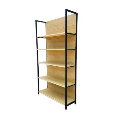 China Wooden Shelf Supermarket Display Rack With Four Black Column Customzied for sale