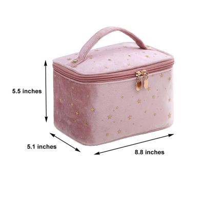 China Velvet Makeup Bag with Handle Makeup Bag with Makeup Brush Holder Travel Makeup Bag Pink for sale