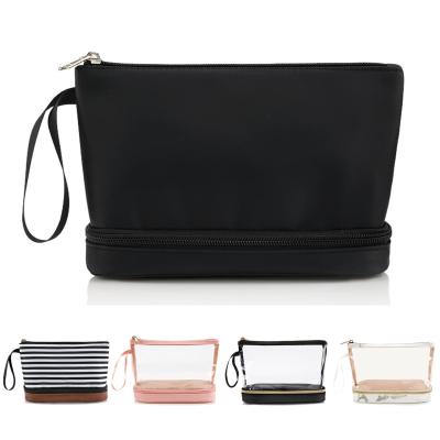 China Fashion Black Waterproof Two Layer Cosmetic Pouch Ladies Carry On Clutch Makeup Bag With Brush Organize for sale