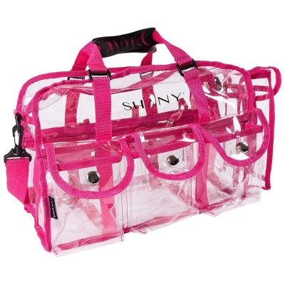 China Pink Clear PVC Makeup Bag - Large Size Professional Makeup Artist Rectangular Tote with Strap for sale