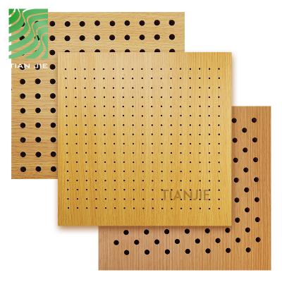 China Tianjie Eco-Friendly Acoustic Panels Fireproof MDF Sound Proof Wall Acoustic Slat Perforated Slat Panel Wood Oak for sale