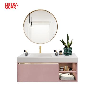 China Nordic Light Luxury Solid Wood Bathroom Vanities Combination Pink Bathroom Cabinet for sale