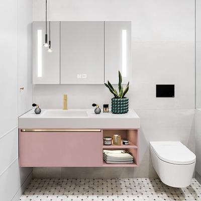 China Luxury ModernSolid Wood Bathroom Vanities  Nordic Light Cabinet Set Pink for sale