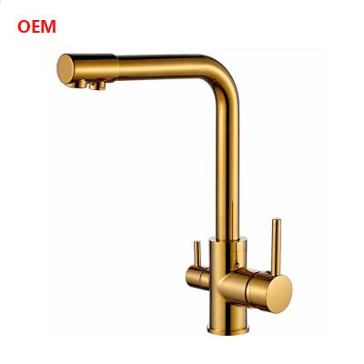 China Sense Faucets Gold Finished Swivel Drinking Water Faucet Three Way Mixer Faucet for sale