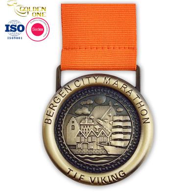 China OEM Circle Shape Antique Gold Medal Brass Tag Carnival Marathon Keepsake Ribbon Bespoken Medal for sale