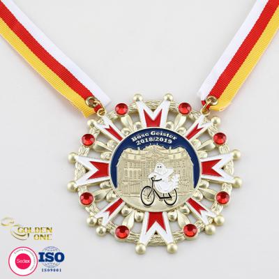 China Round Carnival Metal Sports Medal Hollow Personalized Gold Plated With Printing Ribbon for sale