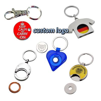 China Custom Shopping Cart Chip Metal Blank Logo Key Ring Trolley Embossed Coin Holder Keychain for sale