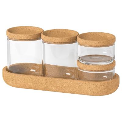 China Natural Color Storage Glass Jars With Cork Lids And Cork Tray Set Of 5 Eco Friendly for sale