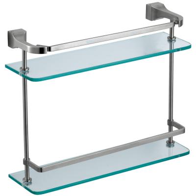 China Home Bathroom Accessories Shelves Stainless Steel Tempered Dual Tier Glass Shelves for sale