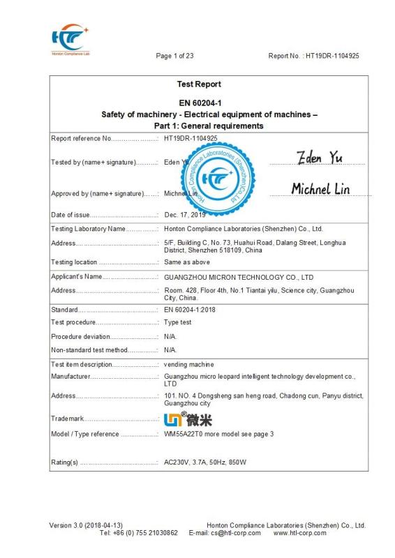 CE lvd test report - Guangzhou Micron Vending Technology Co.,Ltd