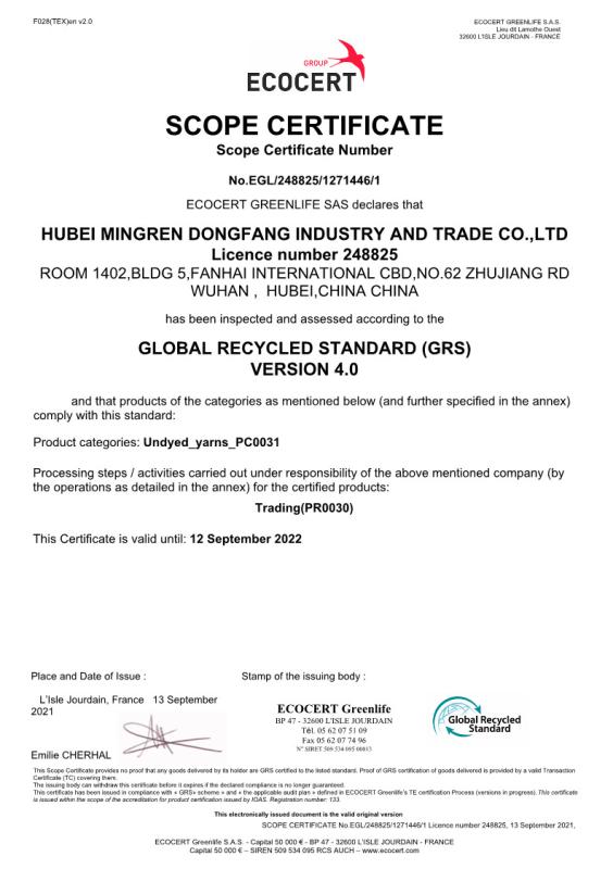 GRS CERTIFICATE - Hubei Mingren Dongfang Industry And Trade Co., Ltd.