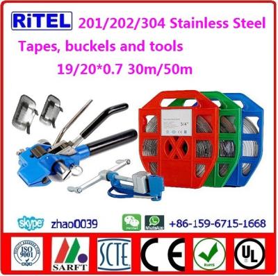 China 201/202/304 high strength stainless steel tape/band, buckels and tools for fiber optical cable installation for sale