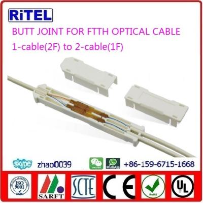 China FTTH BUTT JOINT connection of 1-cable(2F) to 2-cable(1F) for drop fiber optic cable 2*3mm for sale