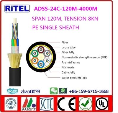 China ADSS fiber optic cable ADSS-24C, 100M SPAN, SINGLE PE SHEATH for 10kv,35kv for sale
