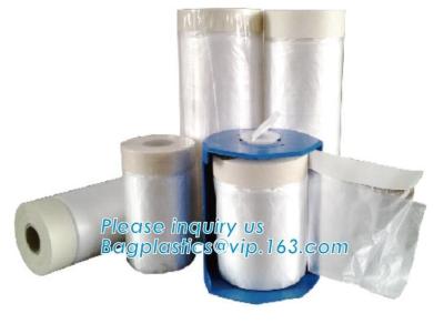 China PE protection cover mask film roll with masking tape, Corona treated plastic HDPE taped masking film, Pre-taped plasti for sale