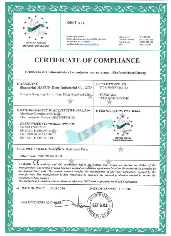 CERTIFICATE OF COMPLIANCE - Shanghai Nayun Door Industry Co., LTD