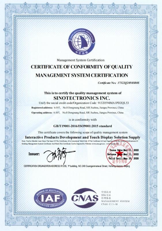 GB/T19001-2016/ISO9001:2015 standard CERTIFICATE OF CONFORMITYOF QUALITY MANAGEMENT SYSTEM CERTIFICATION - Sinotectronics Inc.