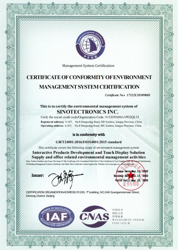 GB/T24001-2016/ISO14001:2015 standard CERTIFICATE OF CONFORMITY OF ENVIRONMENT MANAGEMENT SYSTEM CERTIFICATION - Sinotectronics Inc.