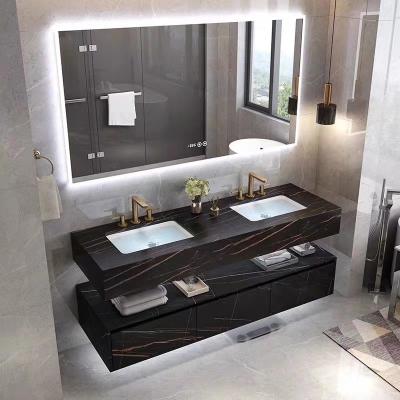 China Modern Marble Hotel Bathroom Vanity Sintered Stone Basin Sink Cabinet Smart Led Mirror for sale