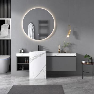 China Modern Sintered Stone Slate Freestanding Pedestal Wash Basin Cabinet Set Bathroom Vanities for sale