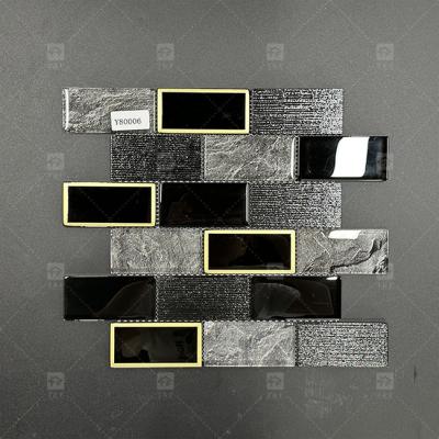 China Long Strip Shape Black Glass Mosaic Tile With Metal Border Bathroom Wall Pattern Decor for sale