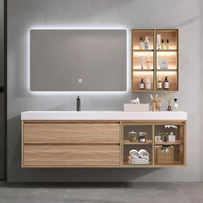 China Stereoscopic Mirror Bathroom Vanity Units , Ceramic Wood Basin Cabinet for sale