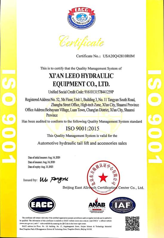 ISO9001:2015 - XI'an Leeo Hydraulic Equipment Limited Company