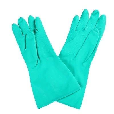 China Household Green Nitrile Glove For Chemical Handling 15Mil Flocked Lining for sale