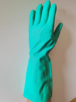 China Solvent Resistance 13 Mil Green Nitrile Glove Chemical Protection Flocked Lining for sale