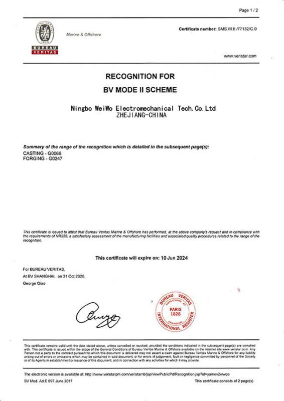 Recognition for BV Mode II Scheme - Ningbo WeiWo Electromechanical Tech Co.,Ltd.