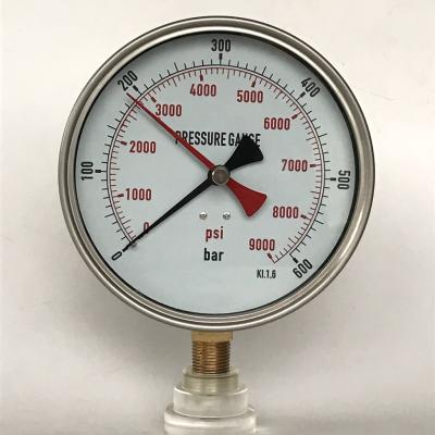 China 9000 Psi Stainless Steel Pressure Gauge 600 Bar 150mm Red Memory Pointer Manometer KL 1.6 for sale