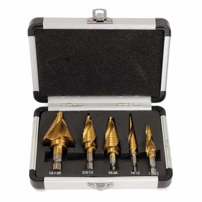 China 5 Pcs HSS Spiral Grooved Step Drill Bit Kit Titanium Coated For Steel Plate for sale