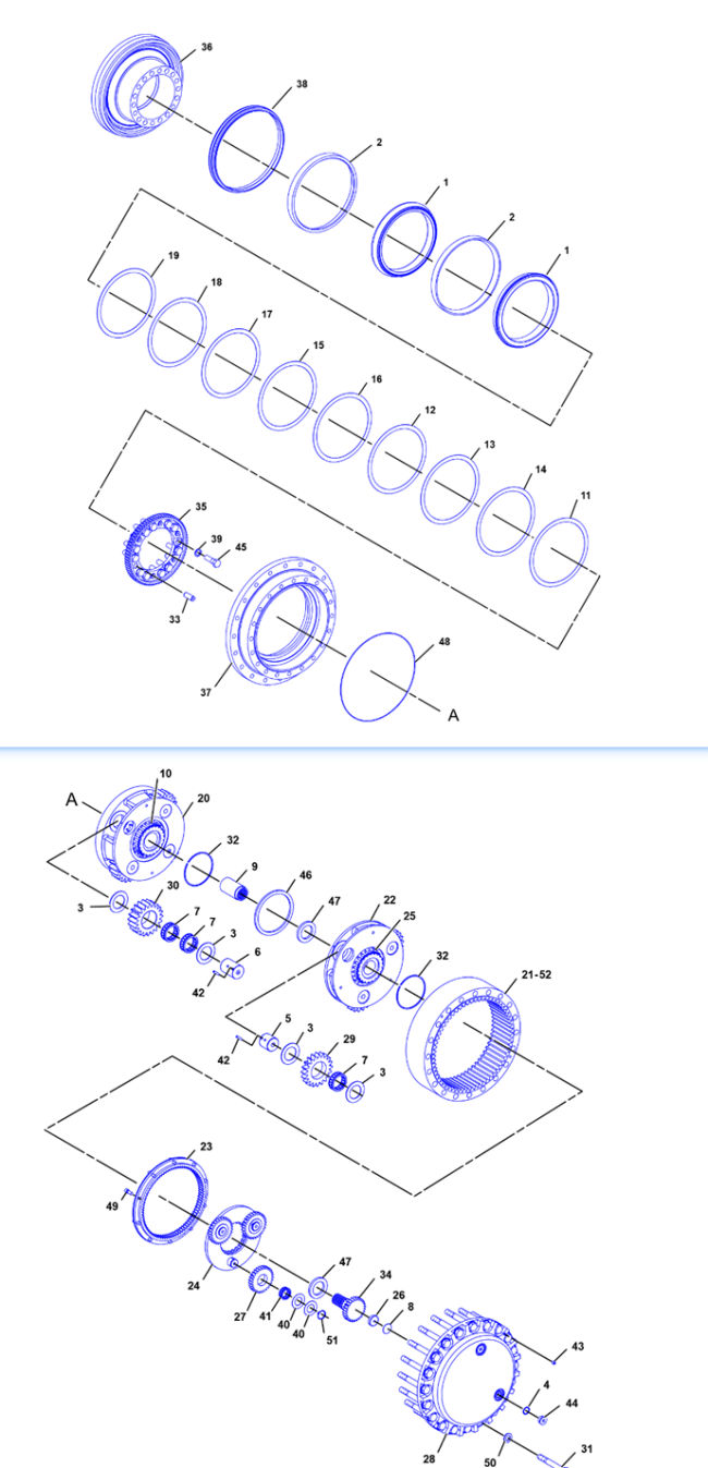 Travel motor parts breakdown diagram
