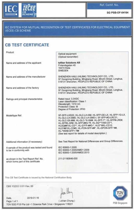 TUV CB 60950-1 - Shenzhen HiLink Technology Co.,Ltd.