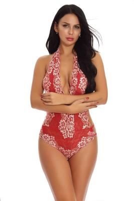 China Luxury Deep V Sexy Bodysuit Lingerie Adult Flower Embroidery Lace Stitching Jumpsuit for sale