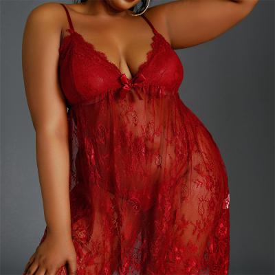 China Black Plus Size See Through Lace Dress Robe Babydoll Strap Chemise Nightgown V Neck Nighty Mesh Sleepwear for sale
