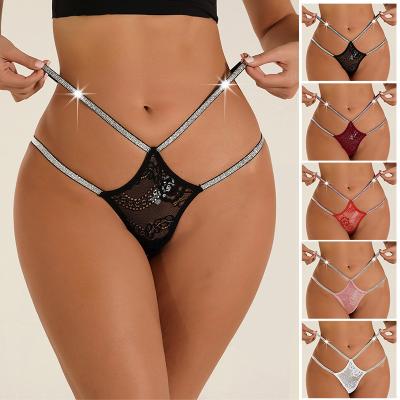 China Womens Lace G Strings Sexy Cross Shining Waistband Thongs Bikini Panties Crystal Female Underwear for sale