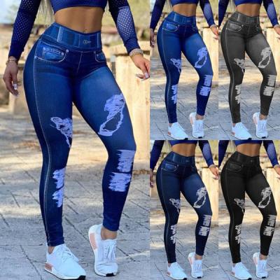 China Yoga Tights Leggings Jean Yoga Pants High Waist Faux Denim Stretch Pencil Bottoming Casual for sale