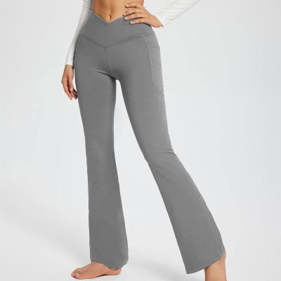 중국 Women'S High Waist Flare Pants Trendy Crossover Yoga Pants Workout Bell Bottom Leggings With Pockets 판매용