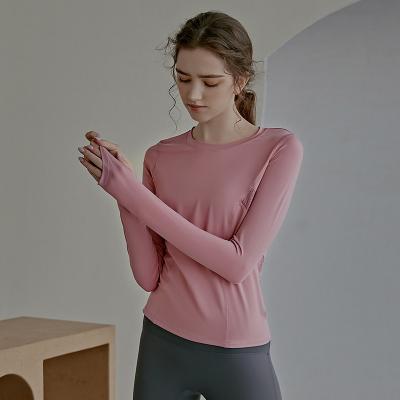 China A roupa atlética Flatlock das mulheres de nylon do Spandex que costura a camisa longa do Gym T da luva à venda