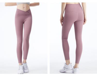 China pink Cross Waist Womens Fitness Leggings Cropped Yoga Pants Standard size for sale