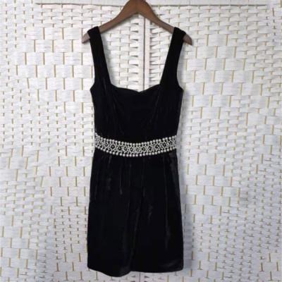 China Ladies Elegant Black Velour Dress With Pearls Decorative Front Waist Band for sale