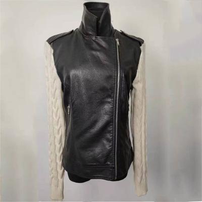 China Girl's Trendy Black Leather Jacket Short Leather Coat With Knitted Sleeves for sale