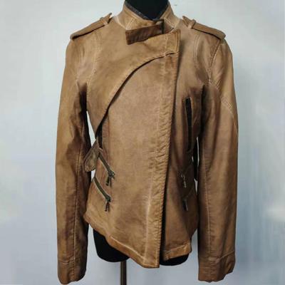 China Brown PU Leather Fashion Ladies Jackets Zipper Closure S - XL Optional for sale