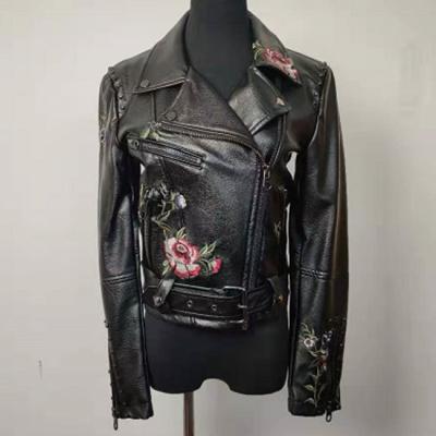 China Women's Short Embroidered Faux Leather Jacket Slim Fit For Spring And Autumn for sale