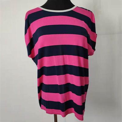 China Navy And Hot Pink Striped T Shirt Womens Casual Wear For Summer Season for sale